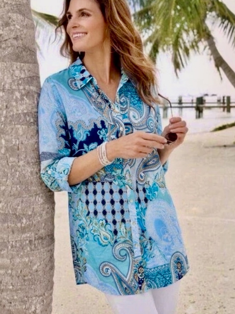 Chico’s Tunic Light Cotton Blue Turquoise Paisley Floral Split Sides Top 1 = M